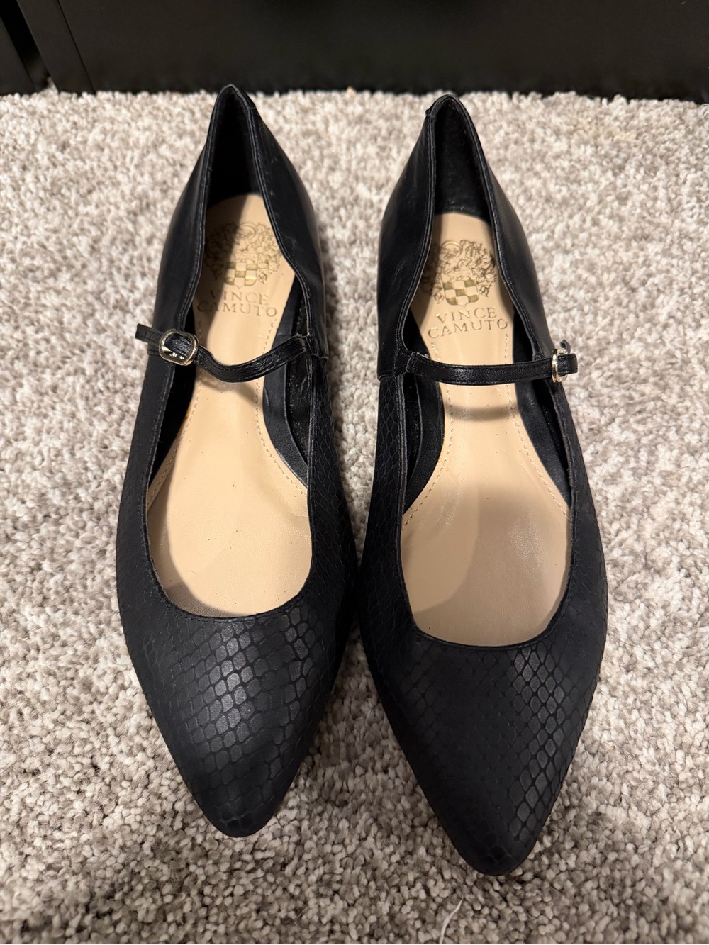Vince Camuto Black Pointed Mary Jane Flats with Subtle Snake-Emboss